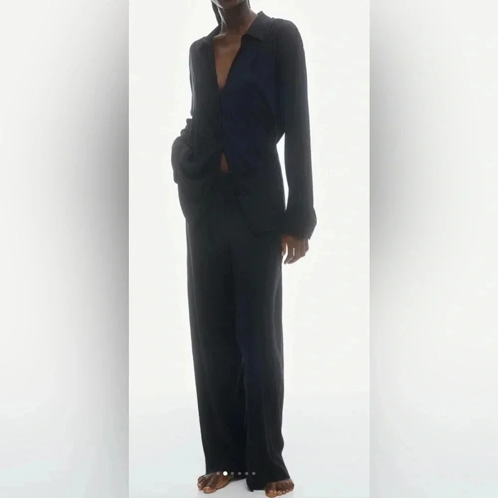 H&M MATCHING CRINKLE SET SIZE MEDIUM BLACK LOUNGEWEAR - Picture 1 of 8